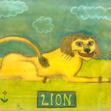 LION with Huge Red Lipped Smile, Marvelous Large Pastel on Paper Folk Drawing, Framed as Found