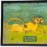 LION with Huge Red Lipped Smile, Marvelous Large Pastel on Paper Folk Drawing, Framed as Found