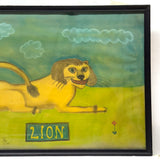 LION with Huge Red Lipped Smile, Marvelous Large Pastel on Paper Folk Drawing, Framed as Found