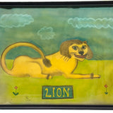 LION with Huge Red Lipped Smile, Marvelous Large Pastel on Paper Folk Drawing, Framed as Found