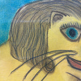 LION with Huge Red Lipped Smile, Marvelous Large Pastel on Paper Folk Drawing, Framed as Found