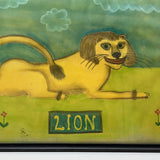 LION with Huge Red Lipped Smile, Marvelous Large Pastel on Paper Folk Drawing, Framed as Found