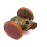 Marvelous Old Painted Wooden Rolling Frog Toy with In and Out Tongue