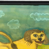 LION with Huge Red Lipped Smile, Marvelous Large Pastel on Paper Folk Drawing, Framed as Found