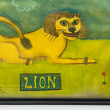 LION with Huge Red Lipped Smile, Marvelous Large Pastel on Paper Folk Drawing, Framed as Found