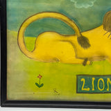 LION with Huge Red Lipped Smile, Marvelous Large Pastel on Paper Folk Drawing, Framed as Found