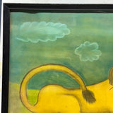 LION with Huge Red Lipped Smile, Marvelous Large Pastel on Paper Folk Drawing, Framed as Found