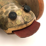 Marvelous Old Painted Wooden Rolling Frog Toy with In and Out Tongue