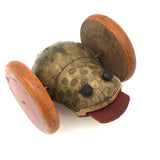 Marvelous Old Painted Wooden Rolling Frog Toy with In and Out Tongue