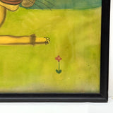 LION with Huge Red Lipped Smile, Marvelous Large Pastel on Paper Folk Drawing, Framed as Found