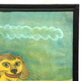LION with Huge Red Lipped Smile, Marvelous Large Pastel on Paper Folk Drawing, Framed as Found