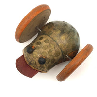 Marvelous Old Painted Wooden Rolling Frog Toy with In and Out Tongue