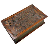 Like a Theorem Painting, 19th Century Hand-carved Book Shaped Box with Hand-carved Basket of Flowers