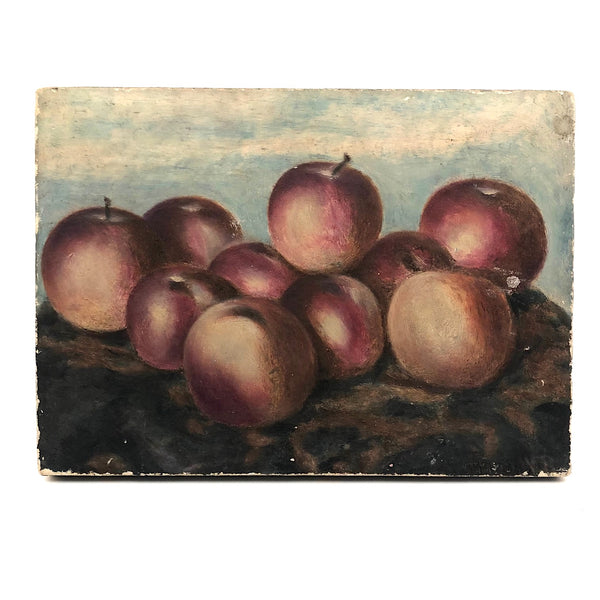 Red Astrican Apples Under Blue Sky, Old Folk Art Oil on Canvas