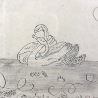 1847 Calligraphic Ink and Graphite Drawing with Swans and Floating Eye, Plus Two Accompanying Love Letters