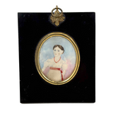 Very Naive Early 19th Century Folk Art Miniature Portrait of Girl with Coral Necklace (and Devil Horns!)