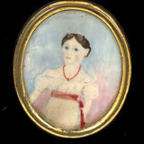 Very Naive Early 19th Century Folk Art Miniature Portrait of Girl with Coral Necklace (and Devil Horns!)
