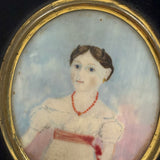 Very Naive Early 19th Century Folk Art Miniature Portrait of Girl with Coral Necklace (and Devil Horns!)