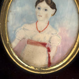 Very Naive Early 19th Century Folk Art Miniature Portrait of Girl with Coral Necklace (and Devil Horns!)