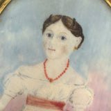 Very Naive Early 19th Century Folk Art Miniature Portrait of Girl with Coral Necklace (and Devil Horns!)