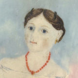 Very Naive Early 19th Century Folk Art Miniature Portrait of Girl with Coral Necklace (and Devil Horns!)