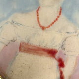 Very Naive Early 19th Century Folk Art Miniature Portrait of Girl with Coral Necklace (and Devil Horns!)