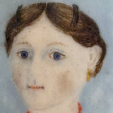 Very Naive Early 19th Century Folk Art Miniature Portrait of Girl with Coral Necklace (and Devil Horns!)