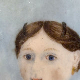 Very Naive Early 19th Century Folk Art Miniature Portrait of Girl with Coral Necklace (and Devil Horns!)