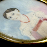 Very Naive Early 19th Century Folk Art Miniature Portrait of Girl with Coral Necklace (and Devil Horns!)