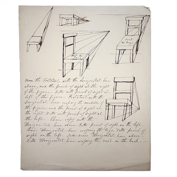 Seat Too Large, Seat Too Long, Lovely 19th Century Black Ink Perspective Drawing of a Chair