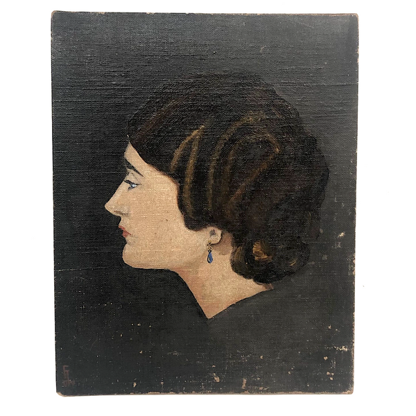 Striking Oil on Board Portrait of Woman in Profile with Blue Earring