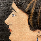 Striking Oil on Board Portrait of Woman in Profile with Blue Earring