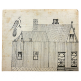 Geometry and Delight,  Marvelous c. 1870s-80s Folk Art Graphite Drawing of House with Hovering Bird