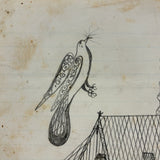 Geometry and Delight,  Marvelous c. 1870s-80s Folk Art Graphite Drawing of House with Hovering Bird