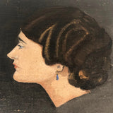 Striking Oil on Board Portrait of Woman in Profile with Blue Earring