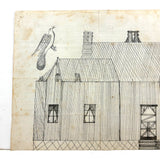 Geometry and Delight,  Marvelous c. 1870s-80s Folk Art Graphite Drawing of House with Hovering Bird