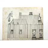 Geometry and Delight,  Marvelous c. 1870s-80s Folk Art Graphite Drawing of House with Hovering Bird