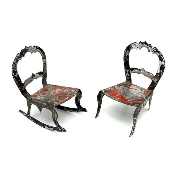 Antique Hand-cut Painted Tin Miniature Folk Art Chairs, with Sharp Teeth!