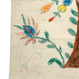 Exuberant Flowers, Radiating Hearts, Late 19th Century Pennsylvania Folk Art Crayon Drawing in Period Frame, As Found