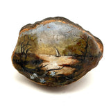 View from Shore with Sailboat, Old Folk Art Painted Conk