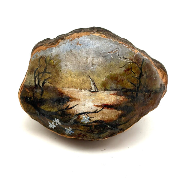 View from Shore with Sailboat, Old Folk Art Painted Conk