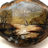 View from Shore with Sailboat, Old Folk Art Painted Conk