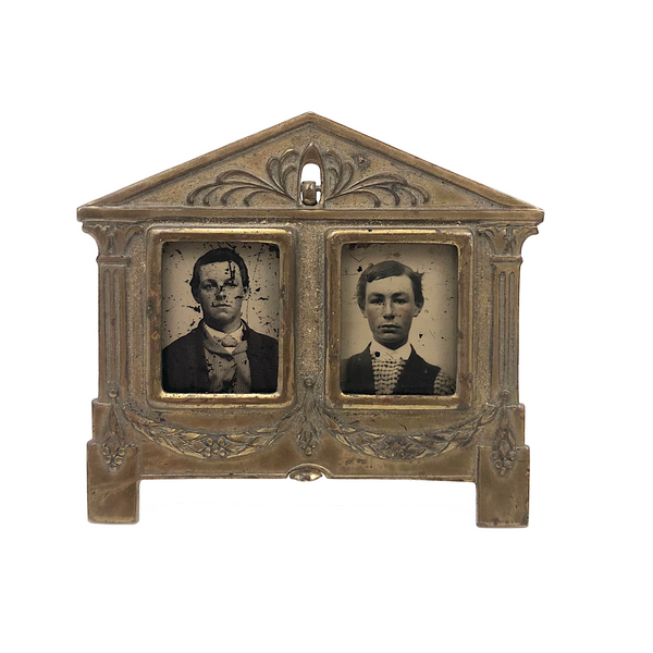 Rare Brass Standing Gem Tintype Double Frame, With Portraits of Young Men As Found