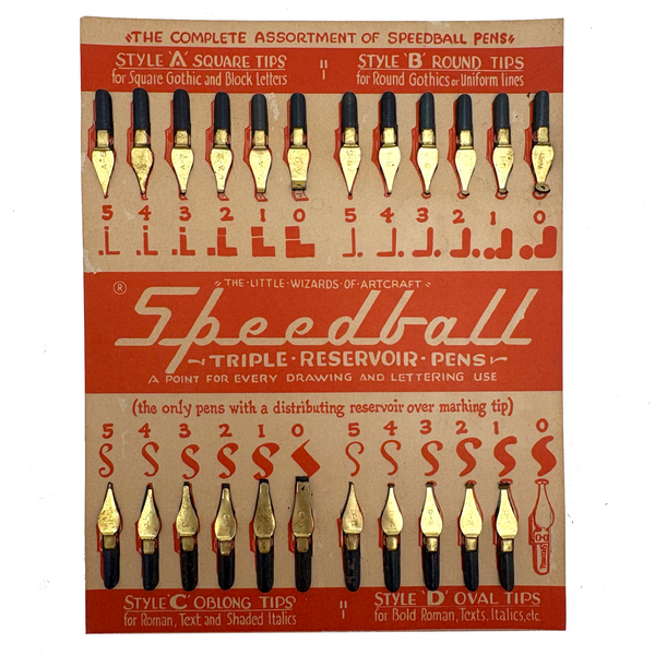 Great Graphics Vintage Speedball 24 Mounted Pen Nibs Display Card