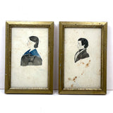 Siblings Frances Jane and Luther Dwight Woodbury, Sutton, MA, 1840s Folk Art Watercolor Portraits in Period Frames