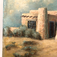 Adobe House and Aqua Sky, Charming c 1940s Oil on Canvas Folk Art Painting