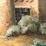 Adobe House and Aqua Sky, Charming c 1940s Oil on Canvas Folk Art Painting