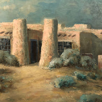Adobe House and Aqua Sky, Charming c 1940s Oil on Canvas Folk Art Painting