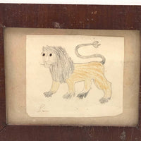 Charming Little 19th C. Naive Lion Drawing in Period Frame