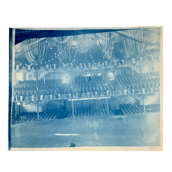 View from Stage, Antique Cyanotype Photo of Theatre Interior with Stars and Stripes Everywhere